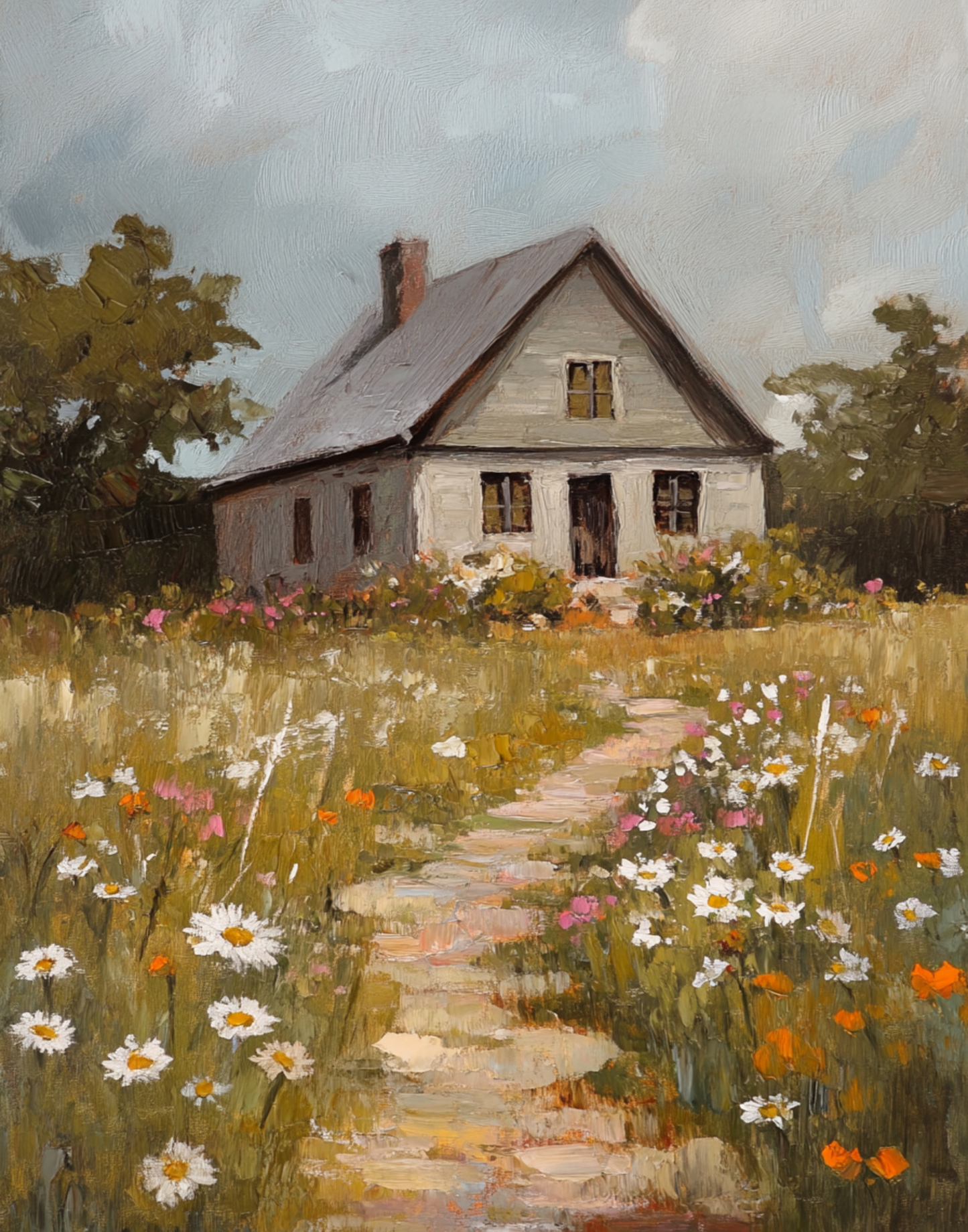 Blooming Path to the Farmhouse – Rustic Cabin & Wildflower Wall Art