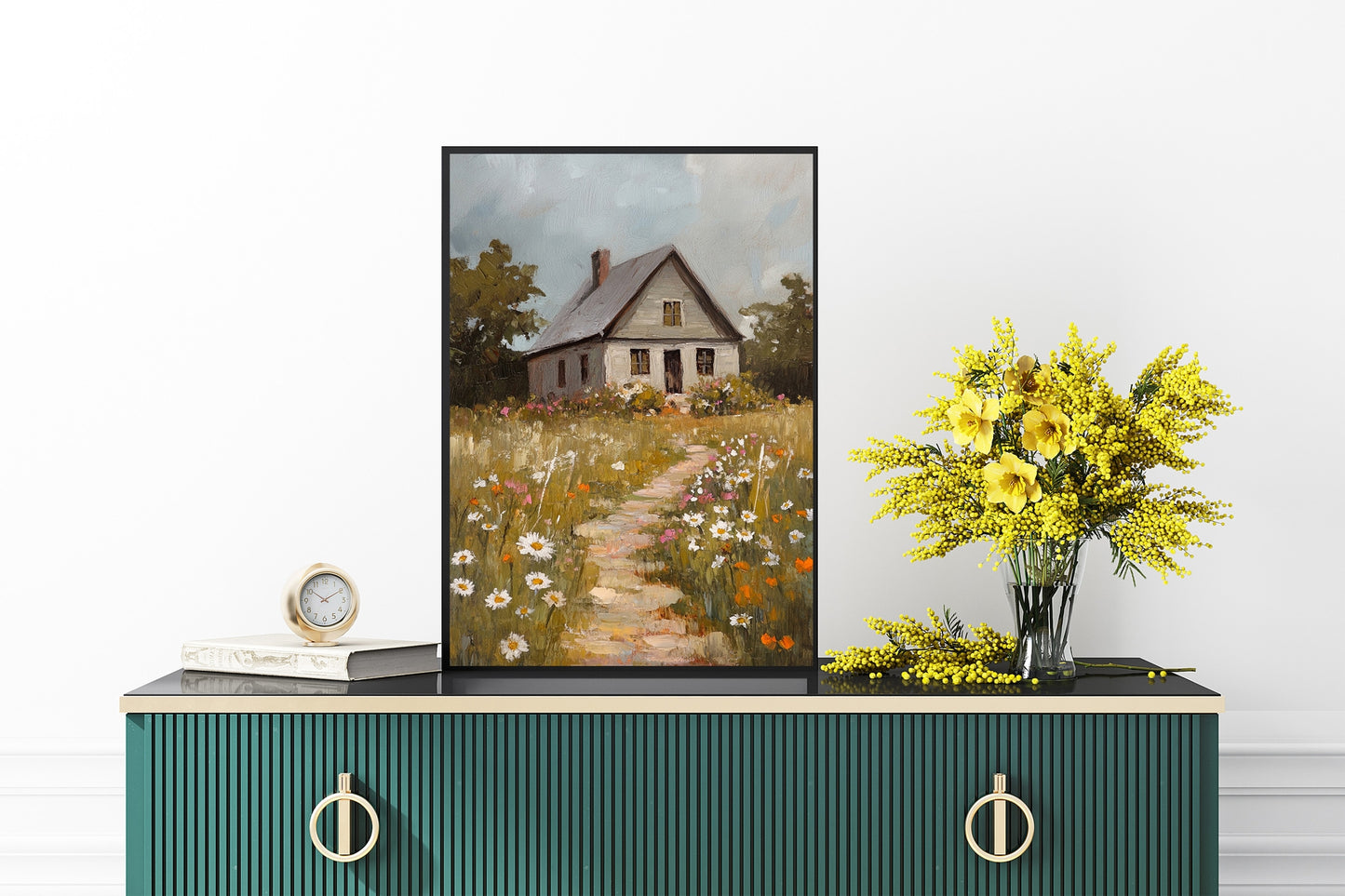 Blooming Path to the Farmhouse – Rustic Cabin & Wildflower Wall Art