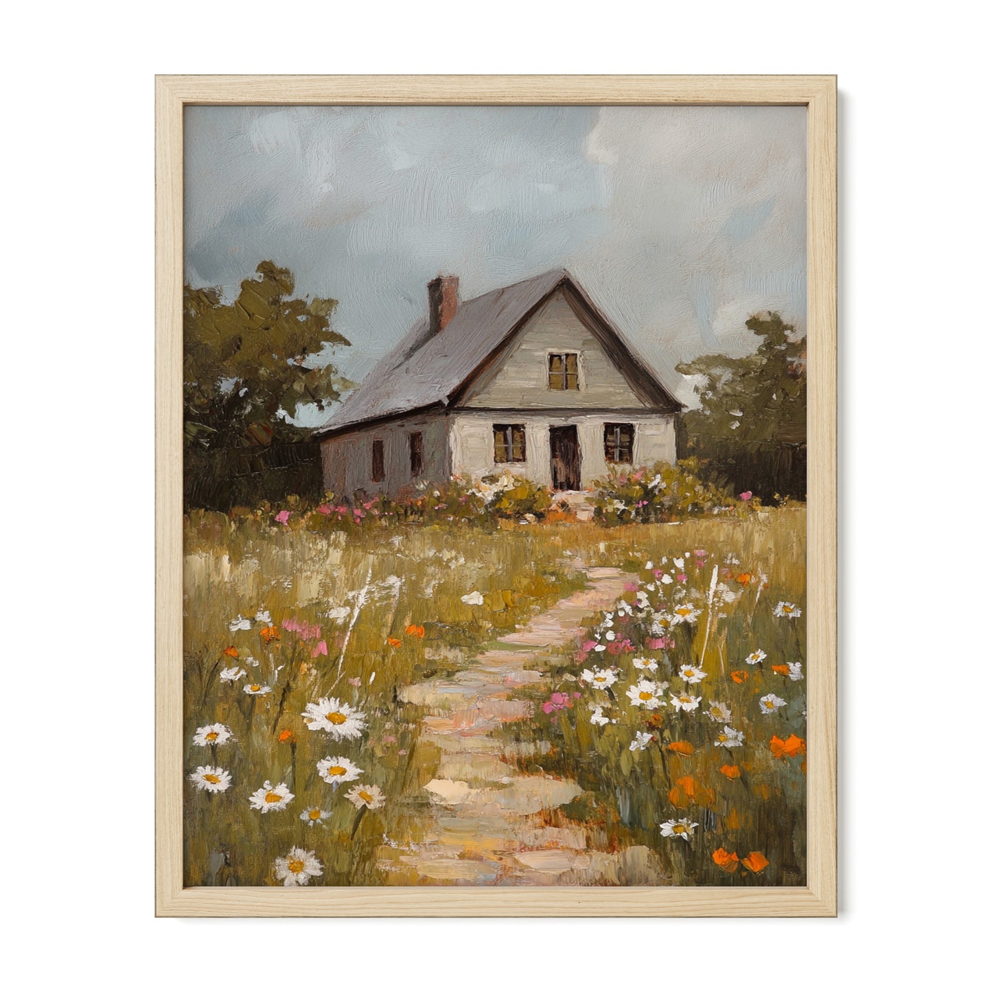 Blooming Path to the Farmhouse – Rustic Cabin & Wildflower Wall Art