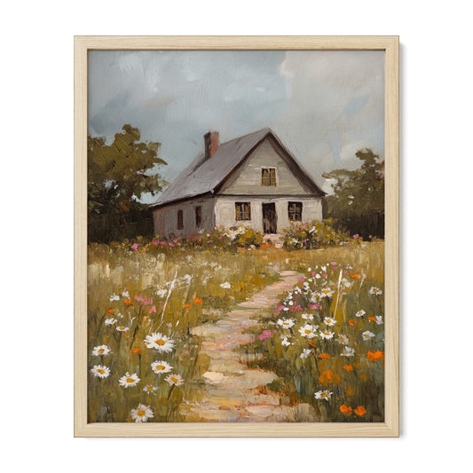 Blooming Path to the Farmhouse – Rustic Cabin & Wildflower Wall Art