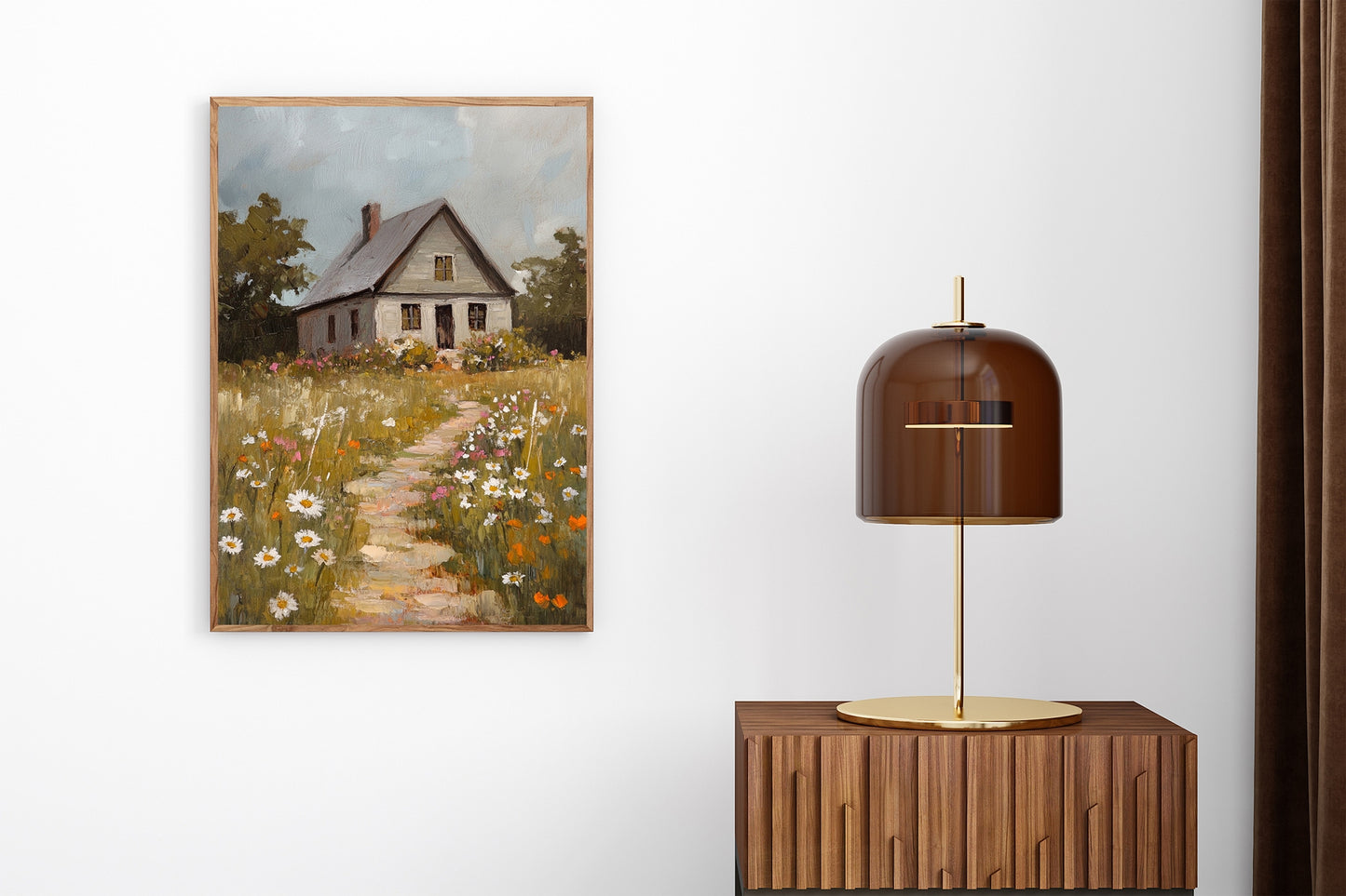 Blooming Path to the Farmhouse – Rustic Cabin & Wildflower Wall Art