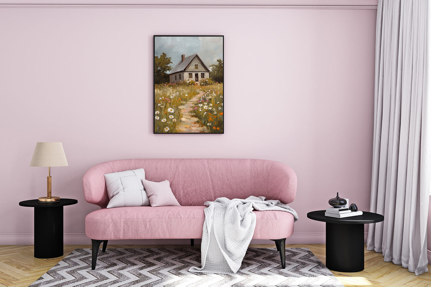 Blooming Path to the Farmhouse – Rustic Cabin & Wildflower Wall Art