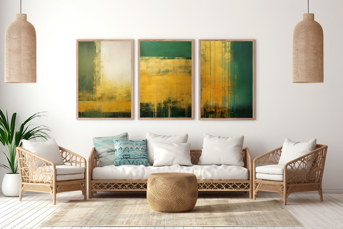 Forest Green & Gold Wall Modern Abstract Art Set of 3