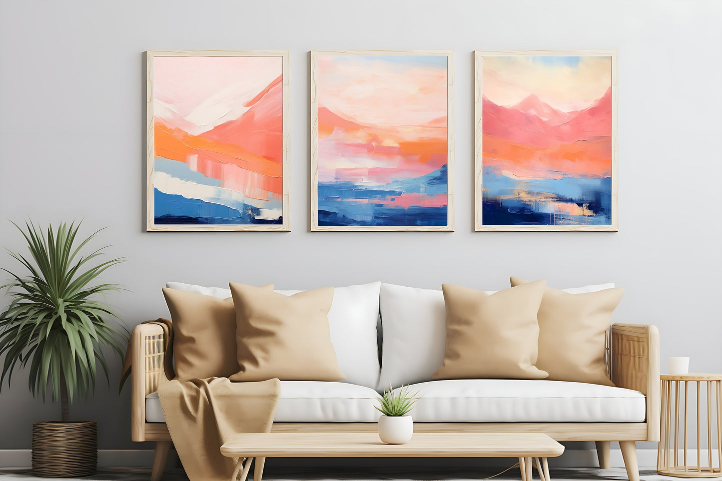 Royal Blue & Peach Modern Abstract Wall Art Set of 3