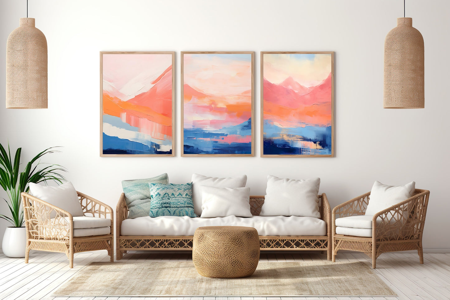 Royal Blue & Peach Modern Abstract Wall Art Set of 3