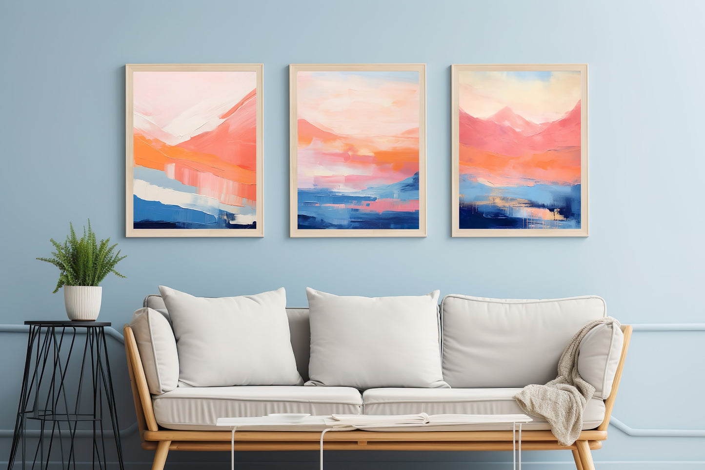 Royal Blue & Peach Modern Abstract Wall Art Set of 3