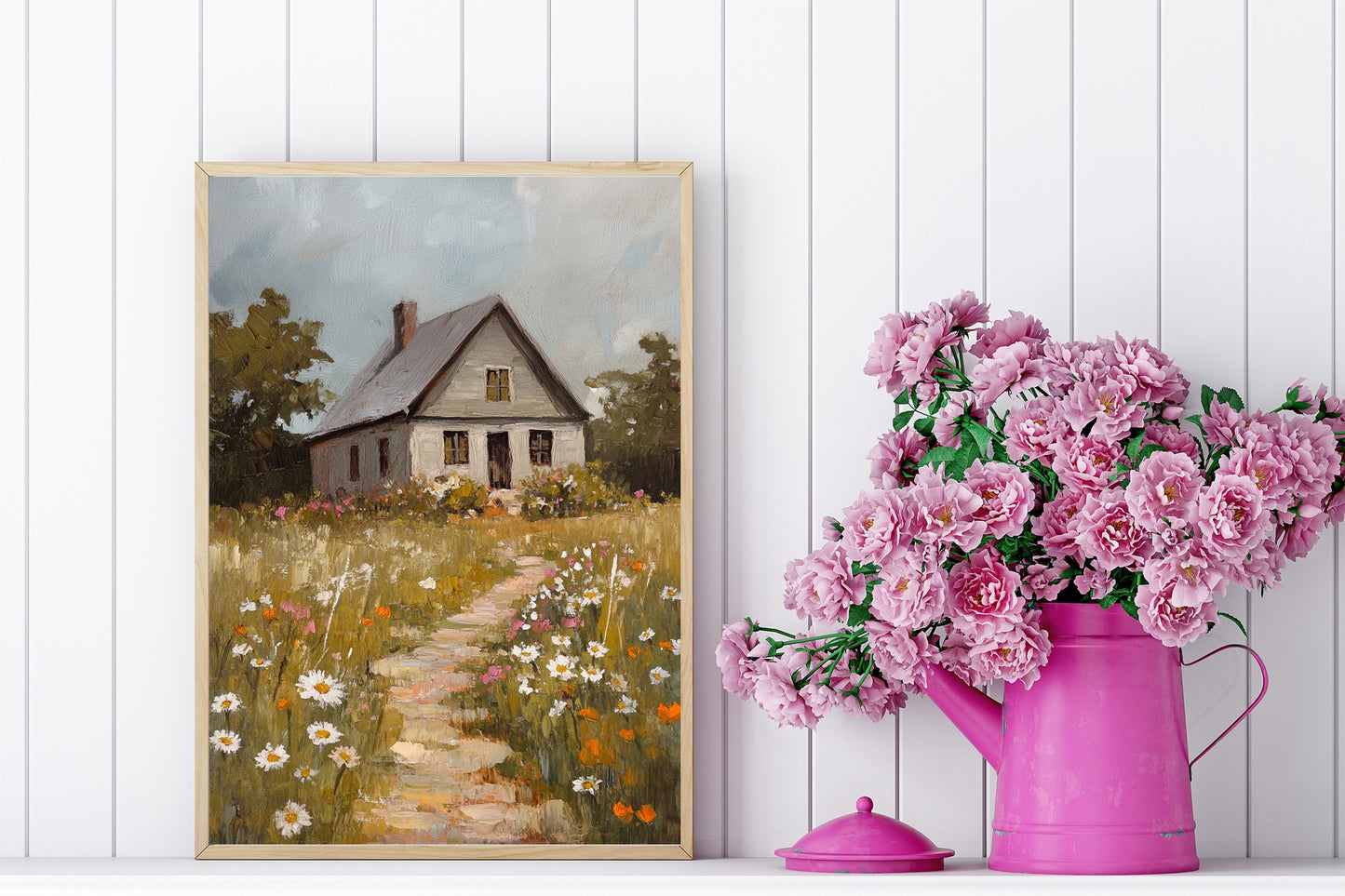 Blooming Path to the Farmhouse – Rustic Cabin & Wildflower Wall Art
