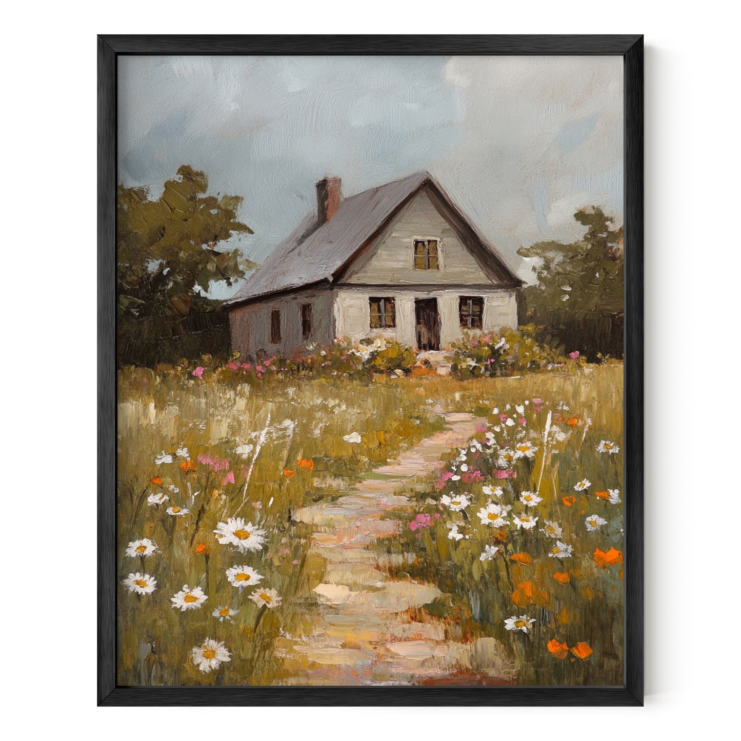 Blooming Path to the Farmhouse – Rustic Cabin & Wildflower Wall Art