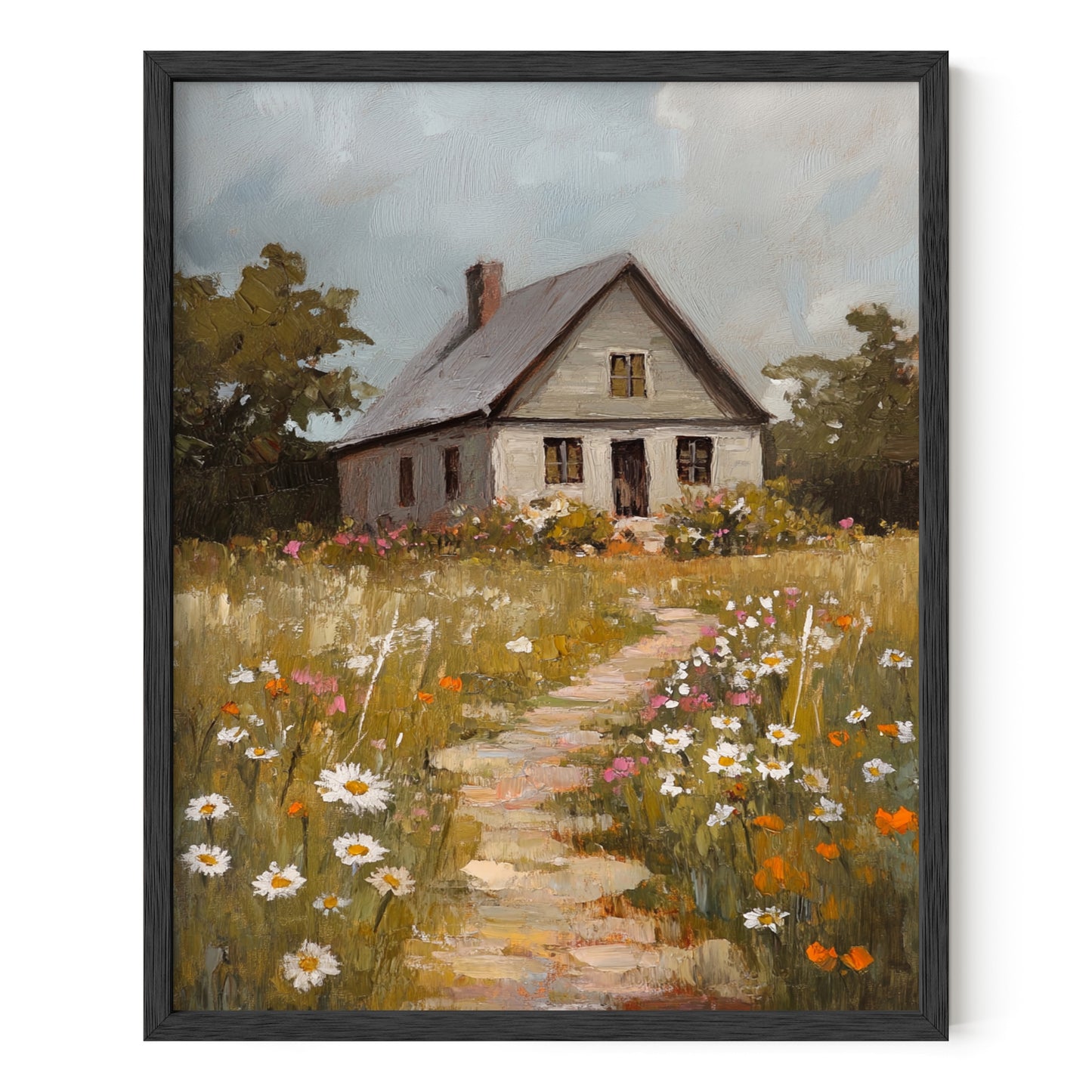Blooming Path to the Farmhouse – Rustic Cabin & Wildflower Wall Art