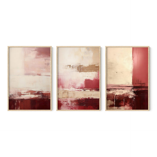 Rich Burgundy & Cream Modern Abstract Wall Art Set of 3