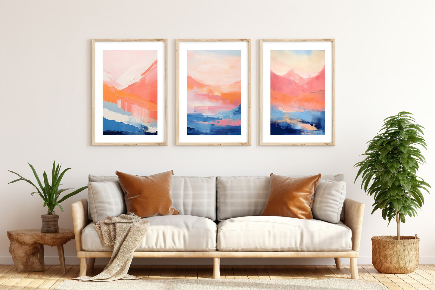 Royal Blue & Peach Modern Abstract Wall Art Set of 3