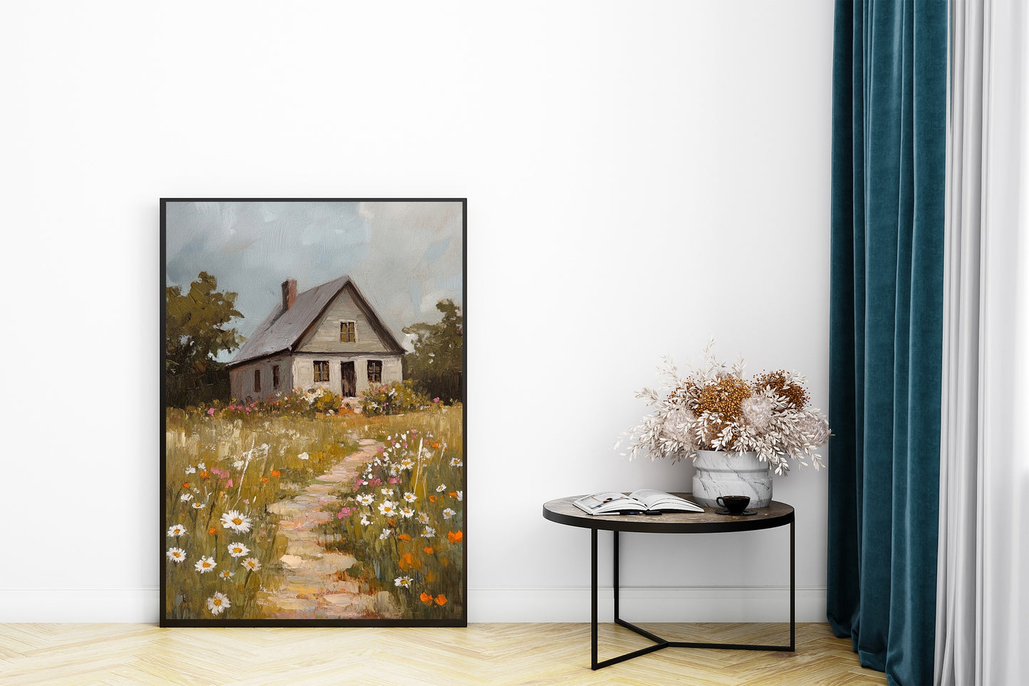 Blooming Path to the Farmhouse – Rustic Cabin & Wildflower Wall Art