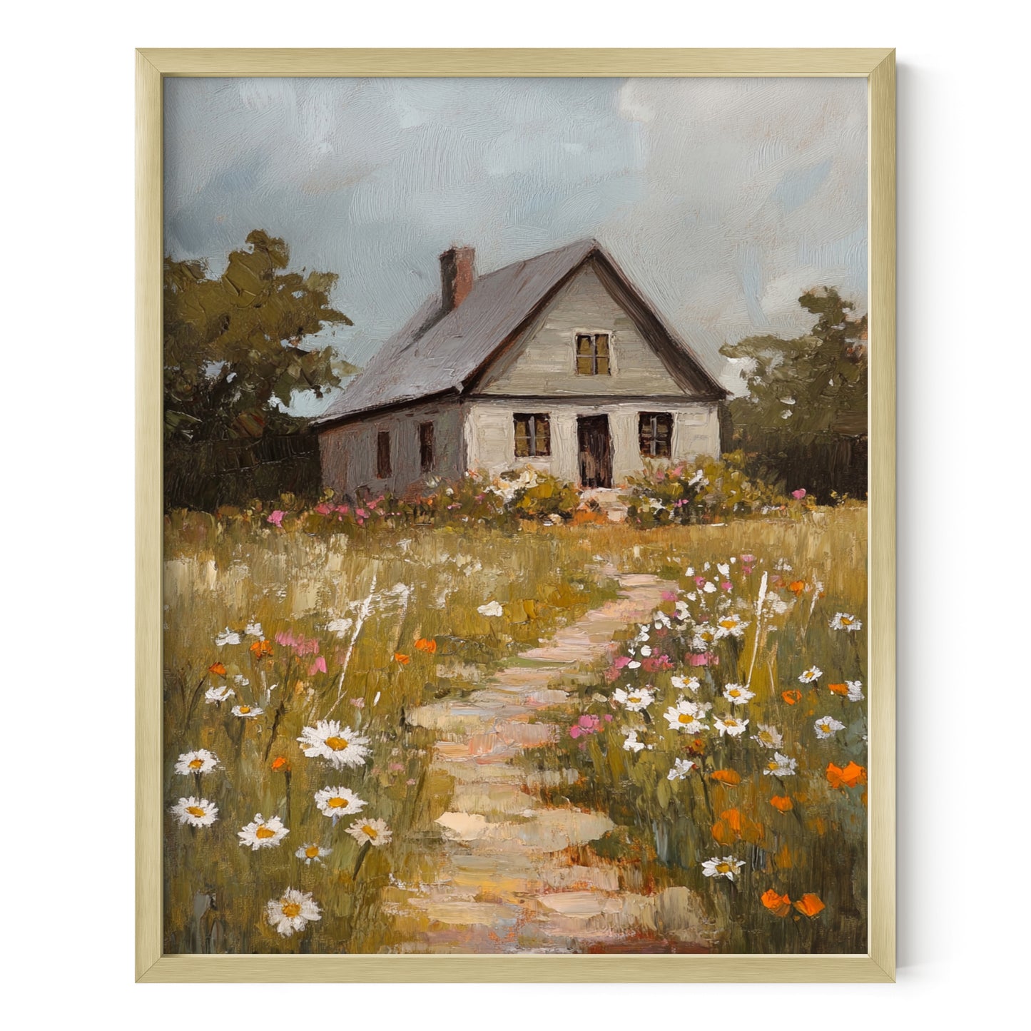 Blooming Path to the Farmhouse – Rustic Cabin & Wildflower Wall Art