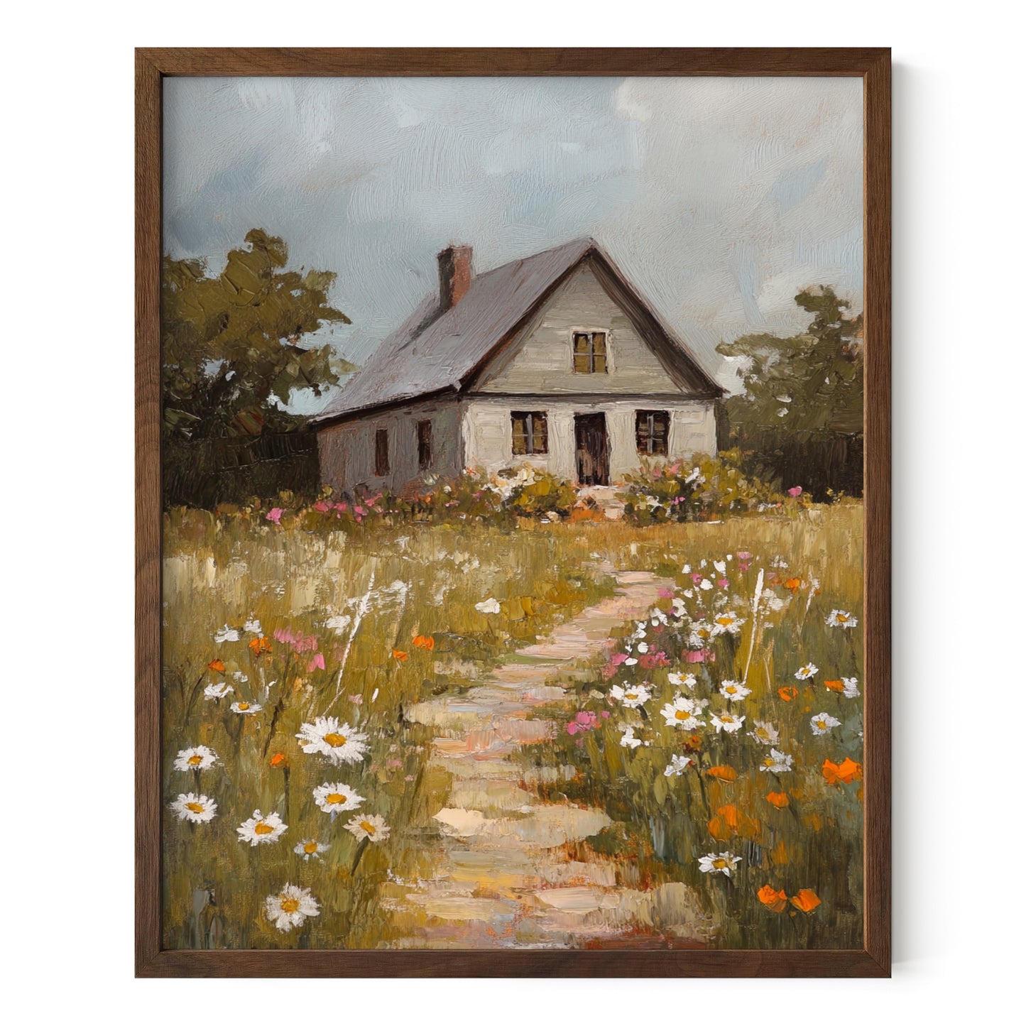 Blooming Path to the Farmhouse – Rustic Cabin & Wildflower Wall Art