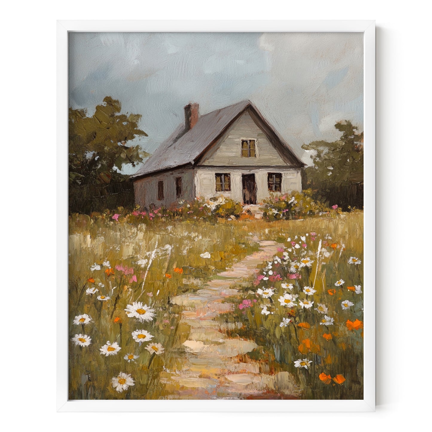 Blooming Path to the Farmhouse – Rustic Cabin & Wildflower Wall Art
